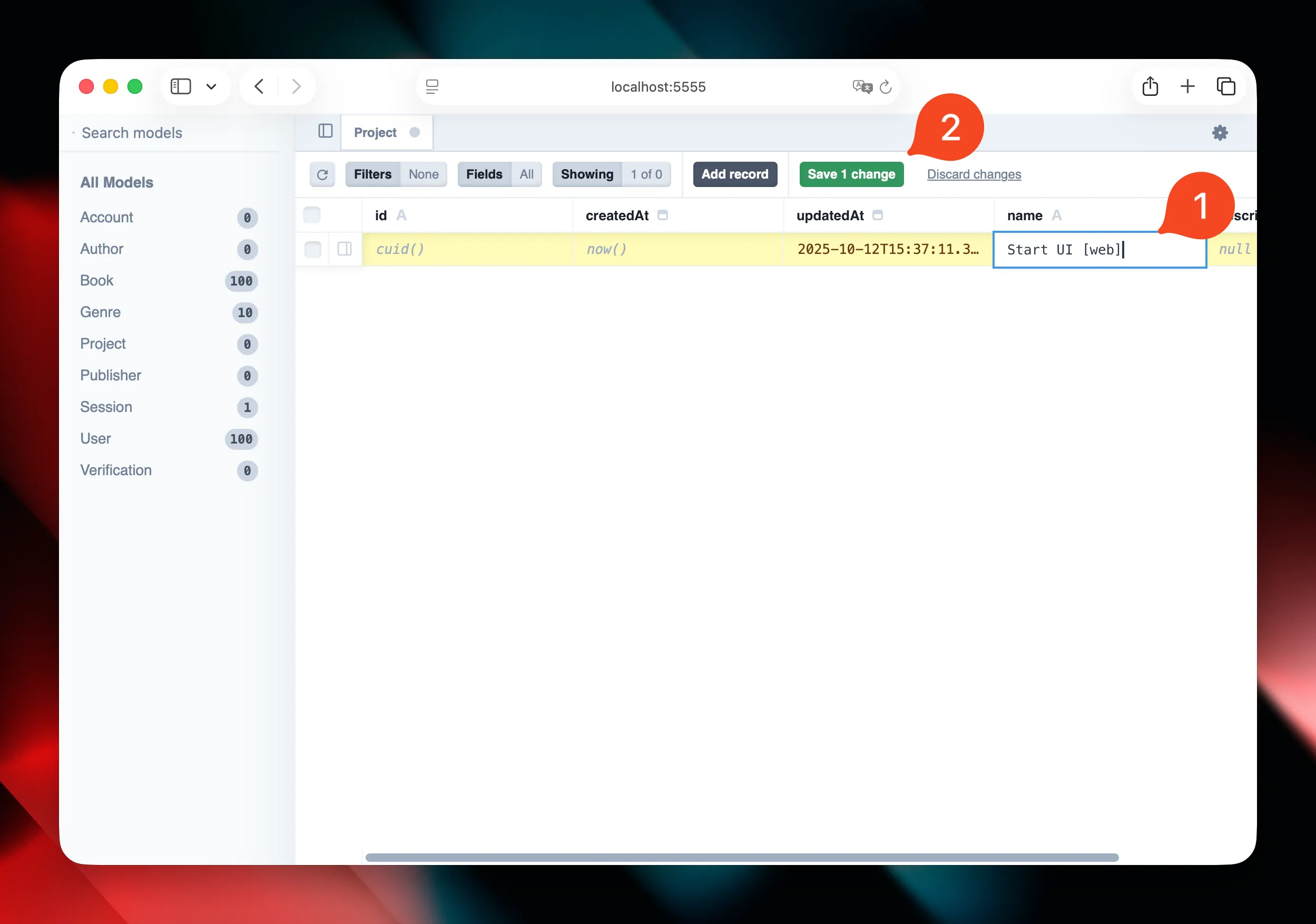 Prisma UI, create Record with name Start UI [web]